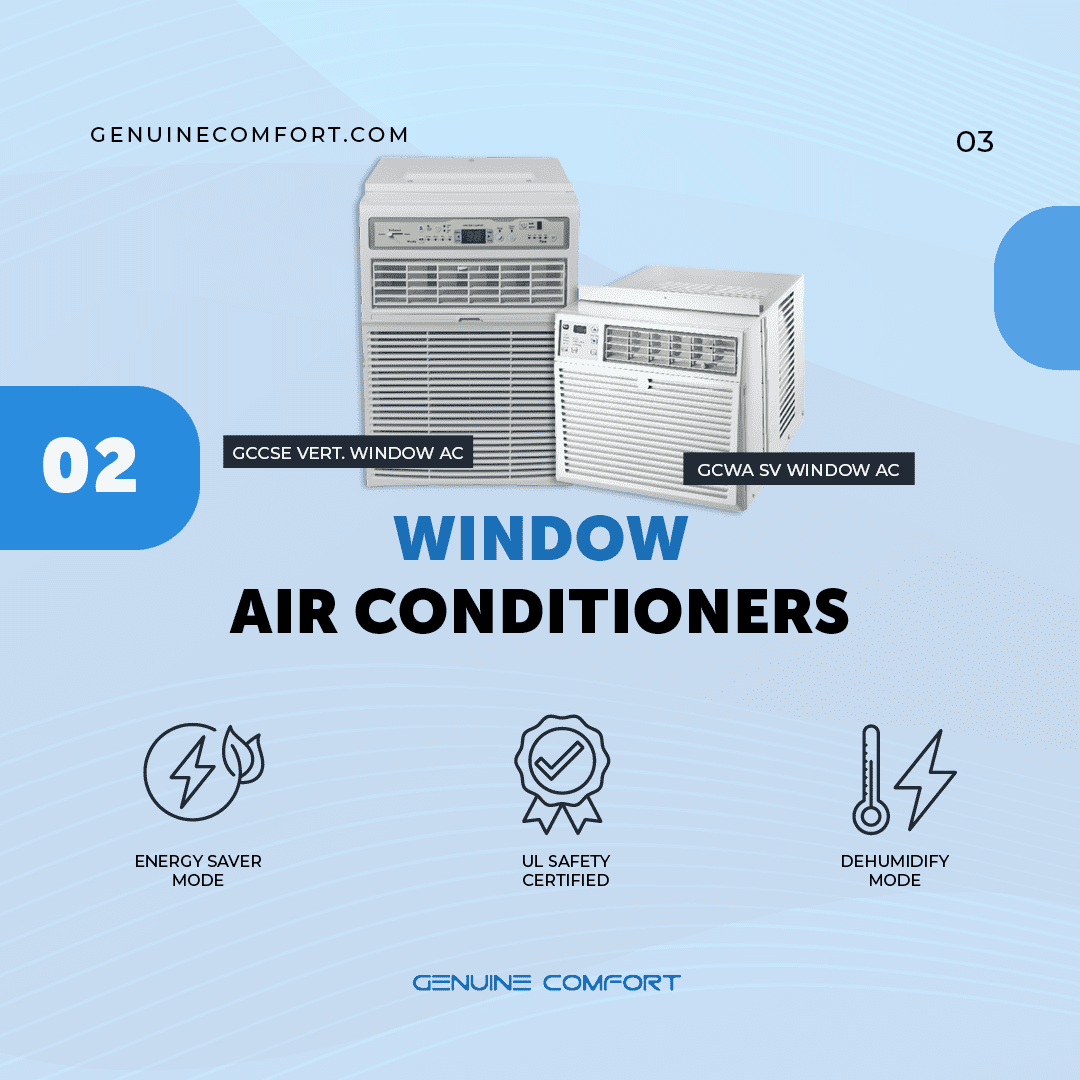 Two window air conditioners sit side by side with a blue gradient pattern as a backdrop