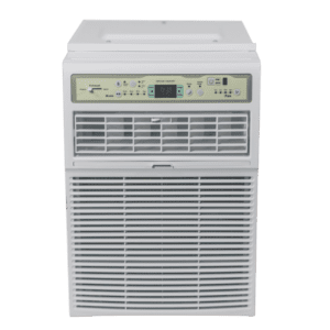 A grey vertical window AC against a white backdrop